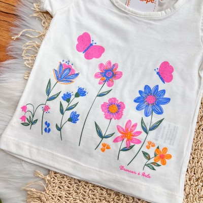 Conj. Blusa Jardim com Borboletas e Short Floral - Off White e Verde